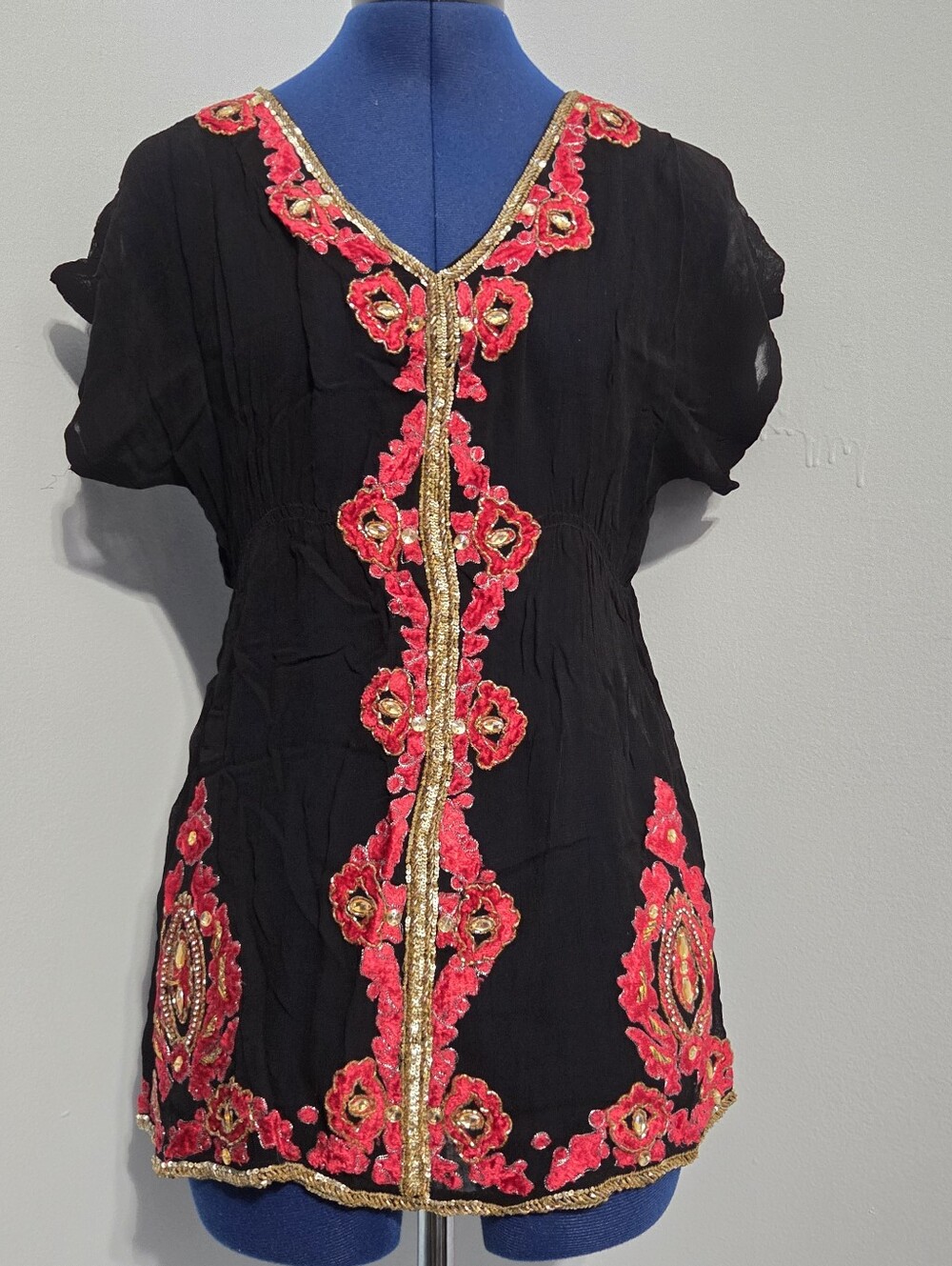 Black Sheer Chiffon Beaded Shirt Size S